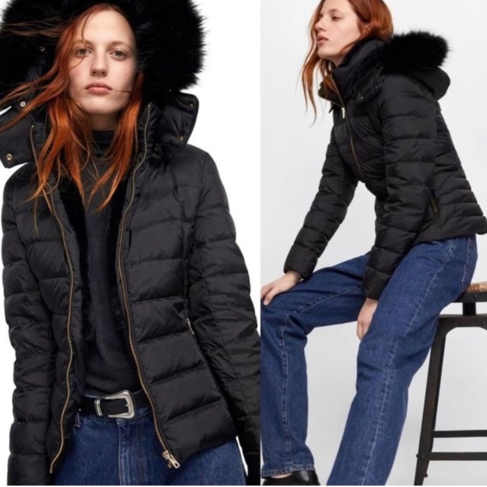 ZARA BLACK HOODED DOWN PUFFER COAT JACKET WITH WATER, WIND PROTECTION SIZE L